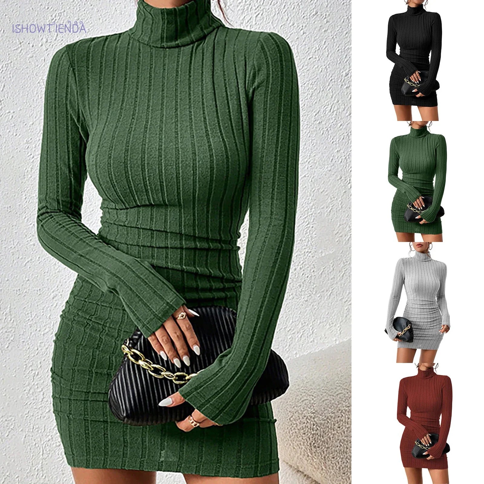 Elegant Knitted Bodycon Dress for Women with Turtleneck and Long Sleeves, Chic Mini Party Dress for Autumn and Winter, Sexy Sheath Style for Casual and Night Out