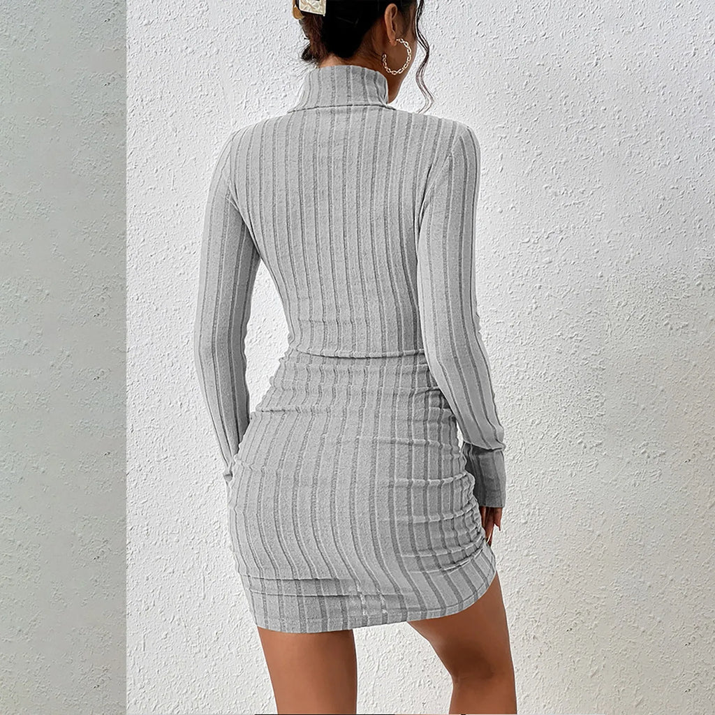 Elegant Knitted Bodycon Dress for Women with Turtleneck and Long Sleeves, Chic Mini Party Dress for Autumn and Winter, Sexy Sheath Style for Casual and Night Out