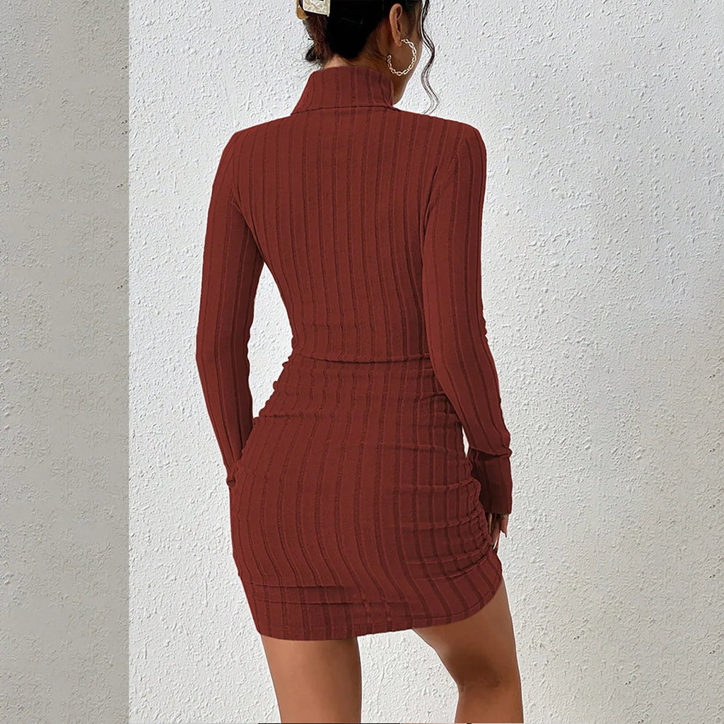Elegant Knitted Bodycon Dress for Women with Turtleneck and Long Sleeves, Chic Mini Party Dress for Autumn and Winter, Sexy Sheath Style for Casual and Night Out