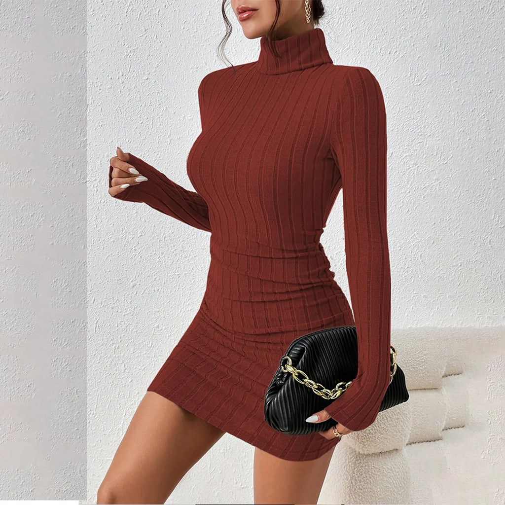 Elegant Knitted Bodycon Dress for Women with Turtleneck and Long Sleeves, Chic Mini Party Dress for Autumn and Winter, Sexy Sheath Style for Casual and Night Out