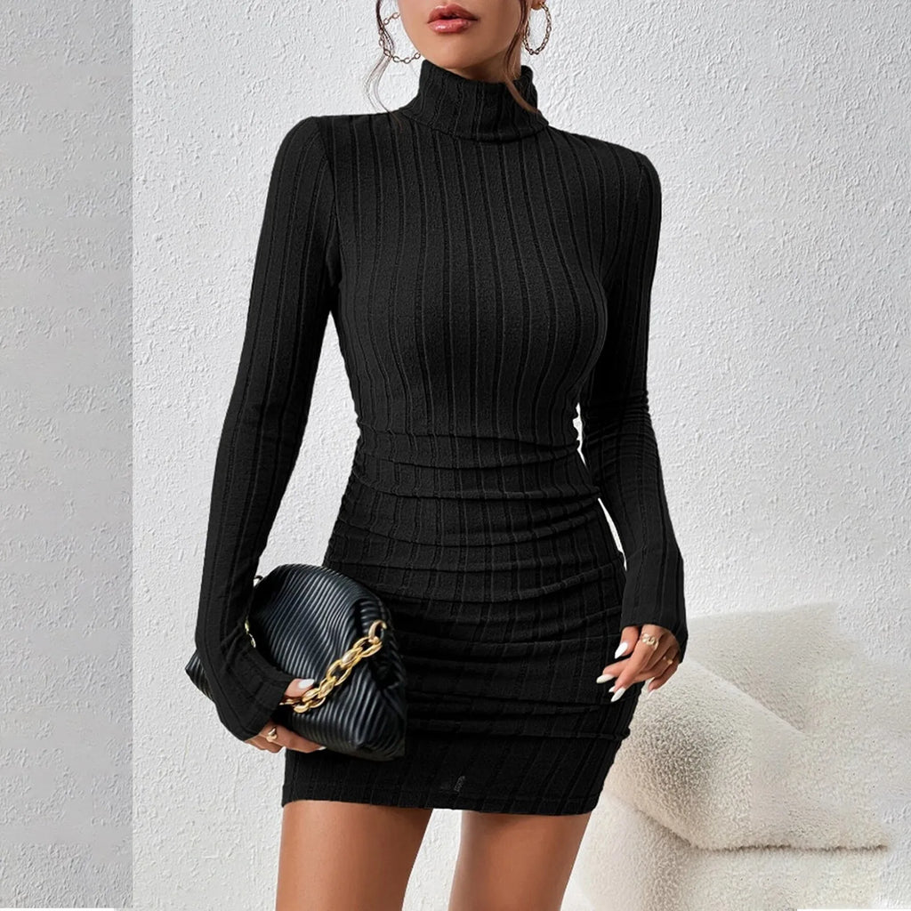 Elegant Knitted Bodycon Dress for Women with Turtleneck and Long Sleeves, Chic Mini Party Dress for Autumn and Winter, Sexy Sheath Style for Casual and Night Out