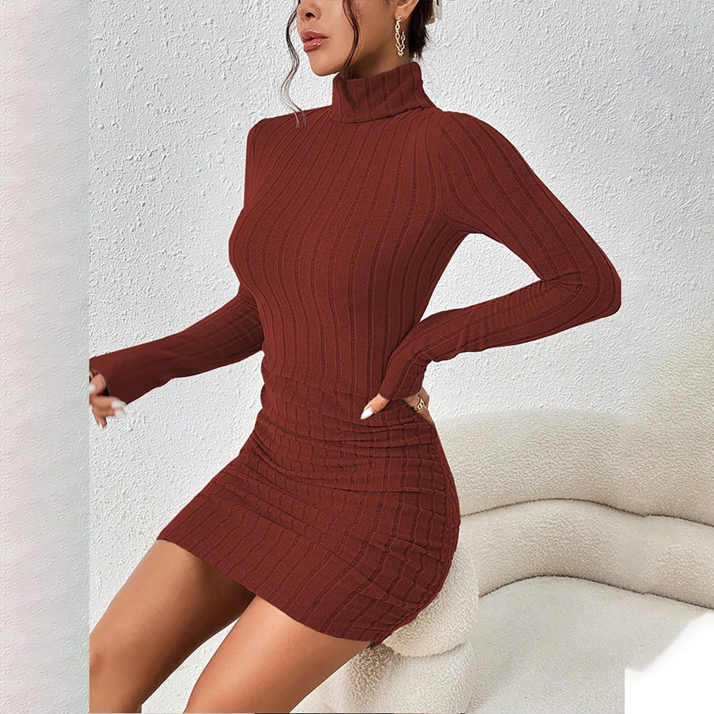 Elegant Knitted Bodycon Dress for Women with Turtleneck and Long Sleeves, Chic Mini Party Dress for Autumn and Winter, Sexy Sheath Style for Casual and Night Out
