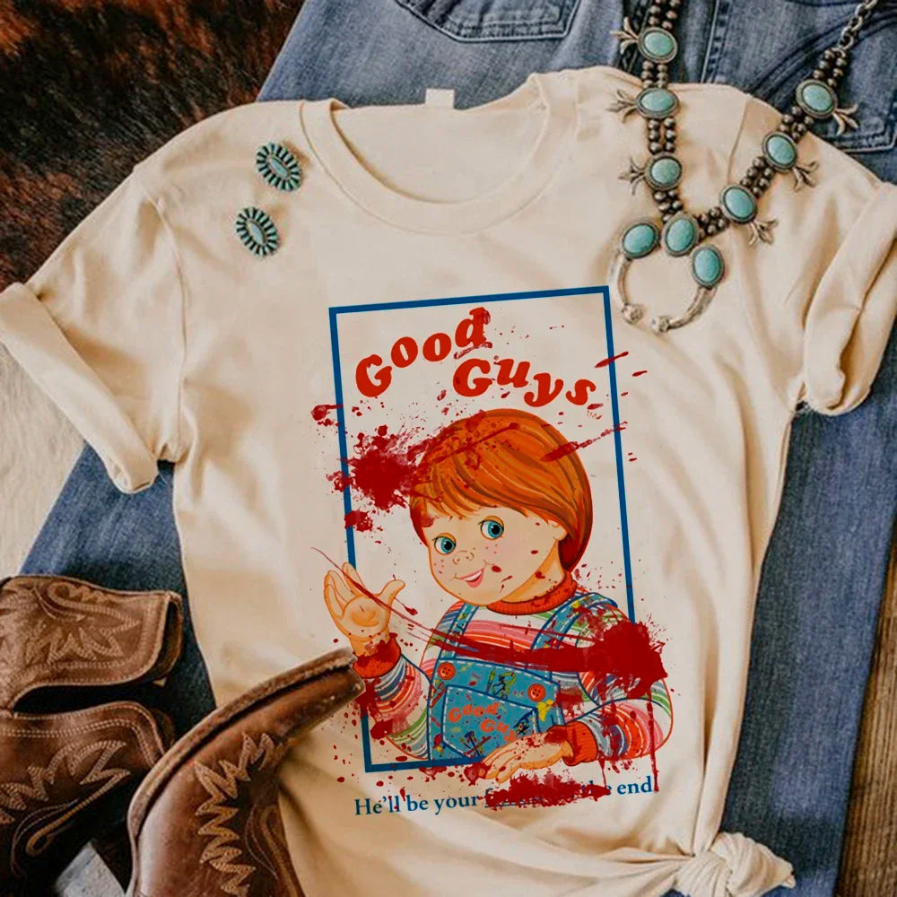 Satan Halloween Horror Ghost Graphic Tee for Women Manga Style Y2K Inspired Funny Streetwear Anime T Shirt