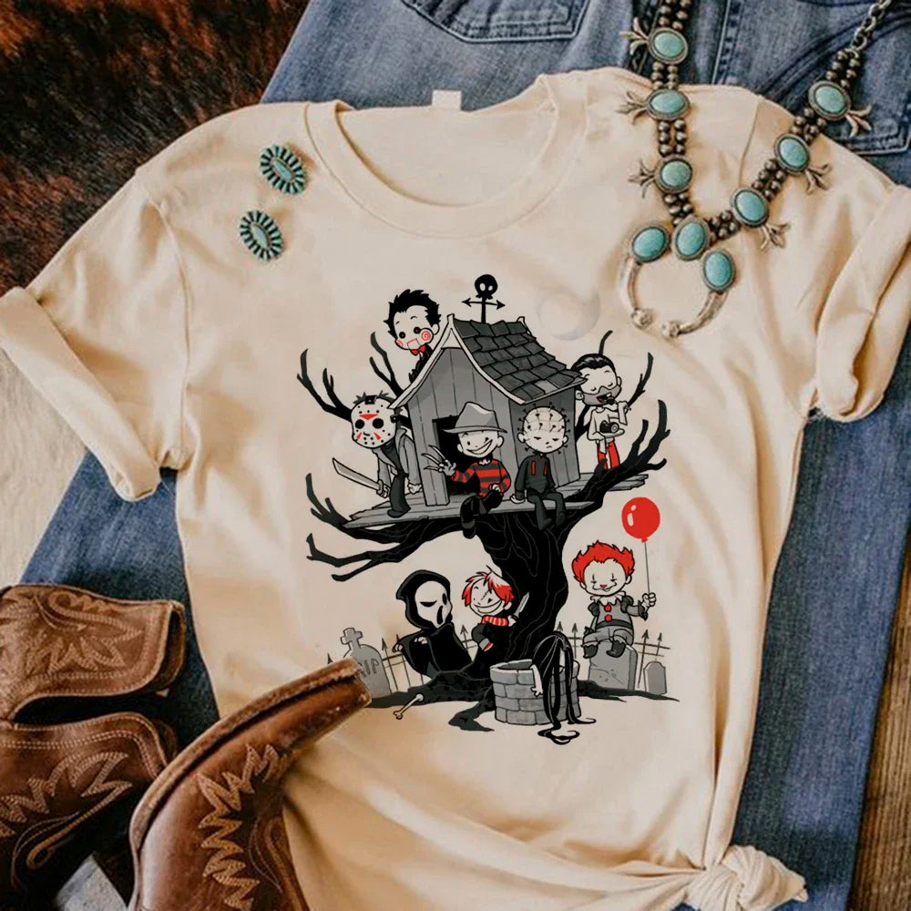 Satan Halloween Horror Ghost Graphic Tee for Women Manga Style Y2K Inspired Funny Streetwear Anime T Shirt