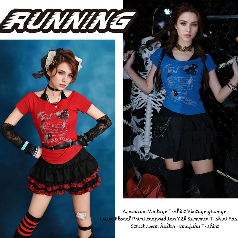 Vintage Retro Grunge Crop Top T-Shirt with Letter and Flower Print Y2K Summer Halter Streetwear Tee Harajuku Style