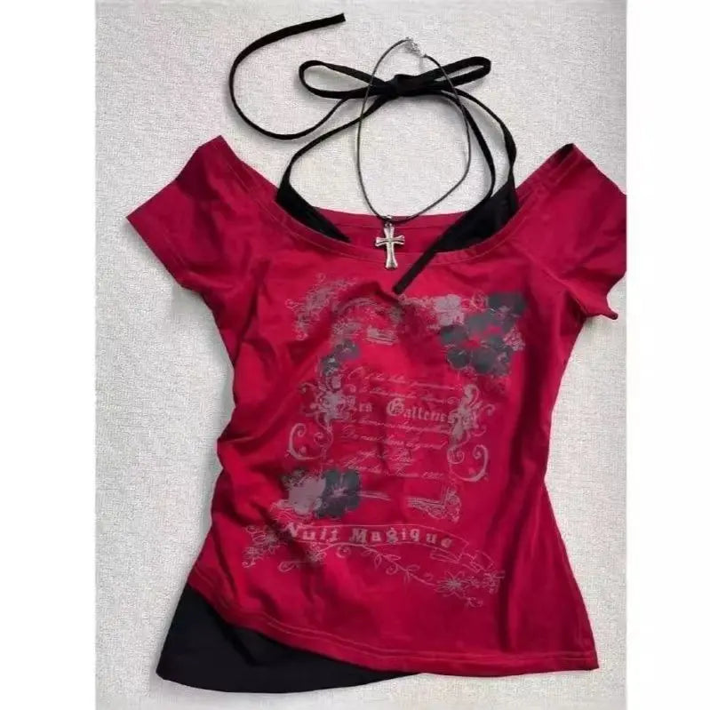 Vintage Retro Grunge Crop Top T-Shirt with Letter and Flower Print Y2K Summer Halter Streetwear Tee Harajuku Style