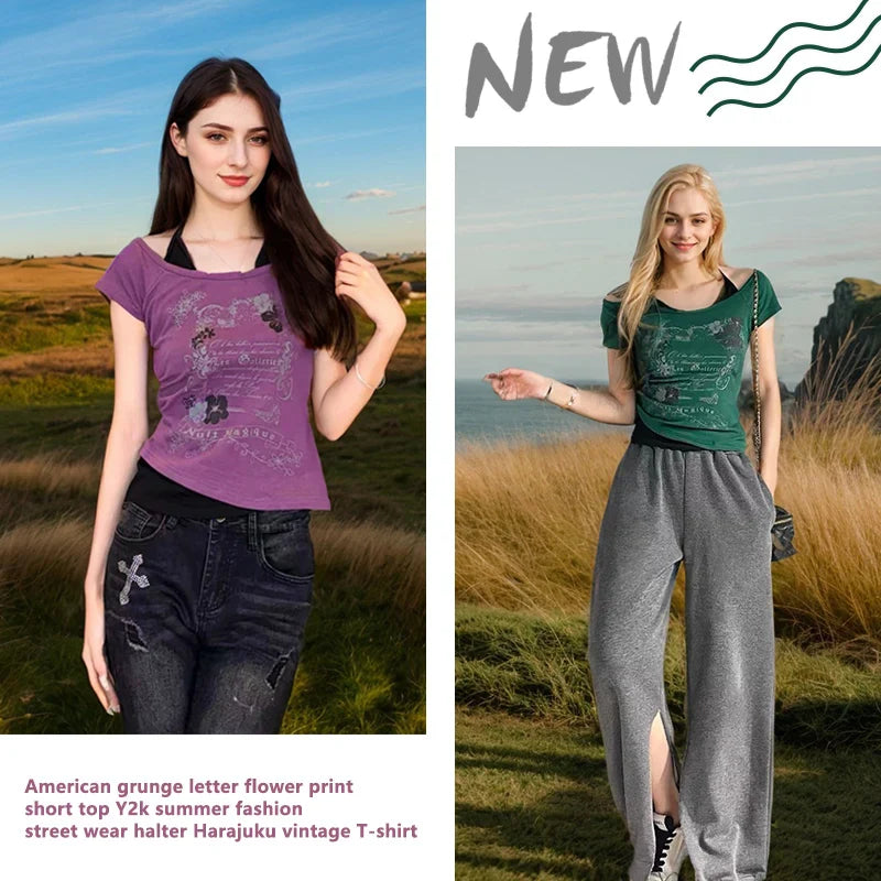 Vintage Retro Grunge Crop Top T-Shirt with Letter and Flower Print Y2K Summer Halter Streetwear Tee Harajuku Style