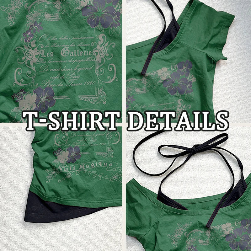 Vintage Retro Grunge Crop Top T-Shirt with Letter and Flower Print Y2K Summer Halter Streetwear Tee Harajuku Style