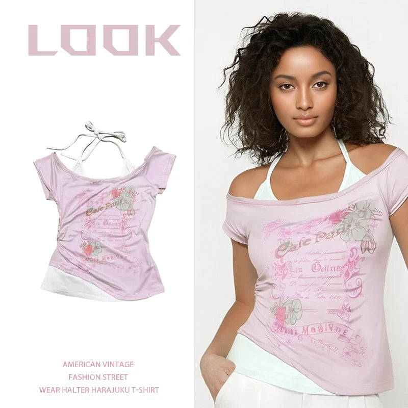 Vintage Retro Grunge Crop Top T-Shirt with Letter and Flower Print Y2K Summer Halter Streetwear Tee Harajuku Style
