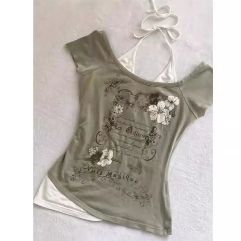 Vintage Retro Grunge Crop Top T-Shirt with Letter and Flower Print Y2K Summer Halter Streetwear Tee Harajuku Style