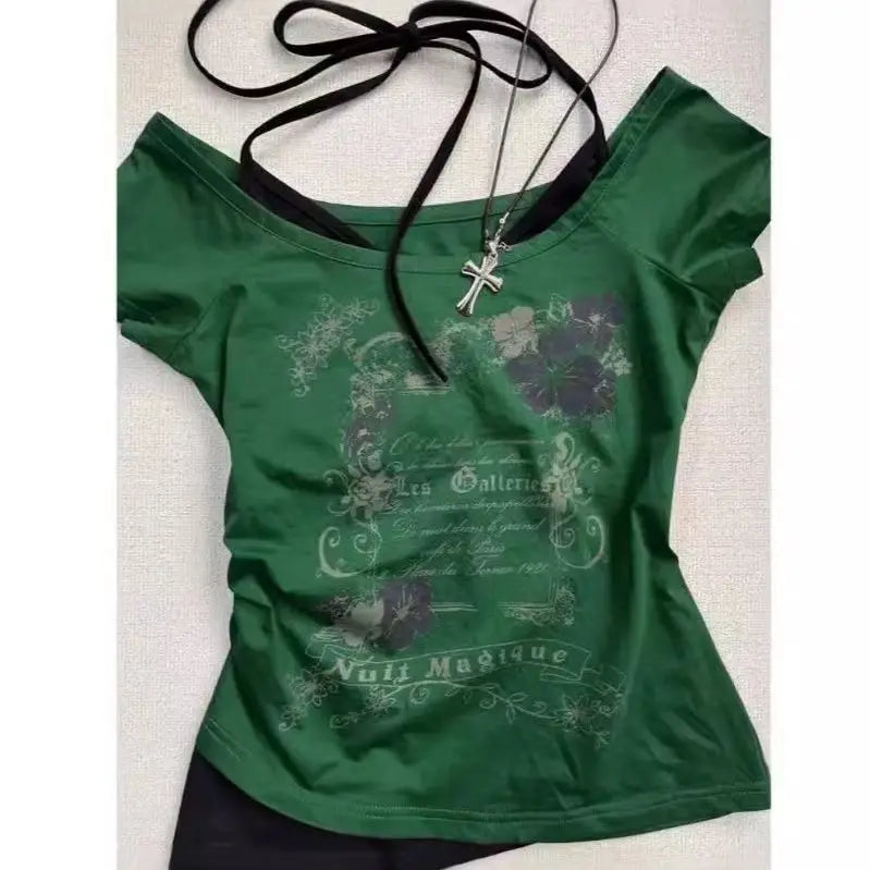 Vintage Retro Grunge Crop Top T-Shirt with Letter and Flower Print Y2K Summer Halter Streetwear Tee Harajuku Style