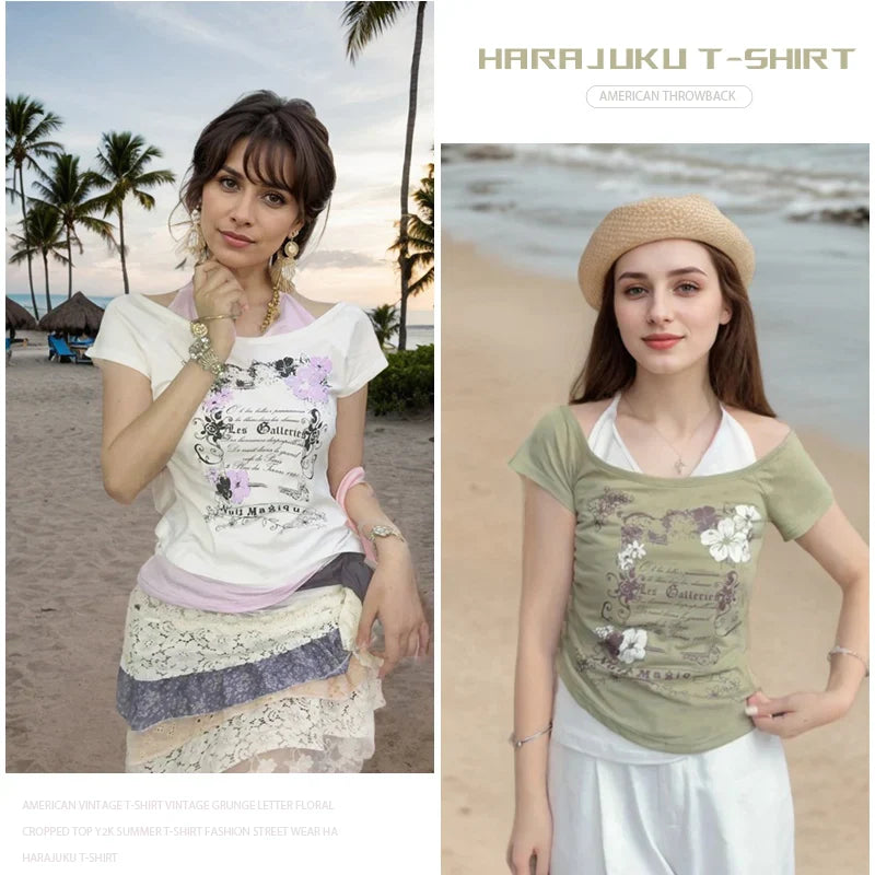 Vintage Retro Grunge Crop Top T-Shirt with Letter and Flower Print Y2K Summer Halter Streetwear Tee Harajuku Style