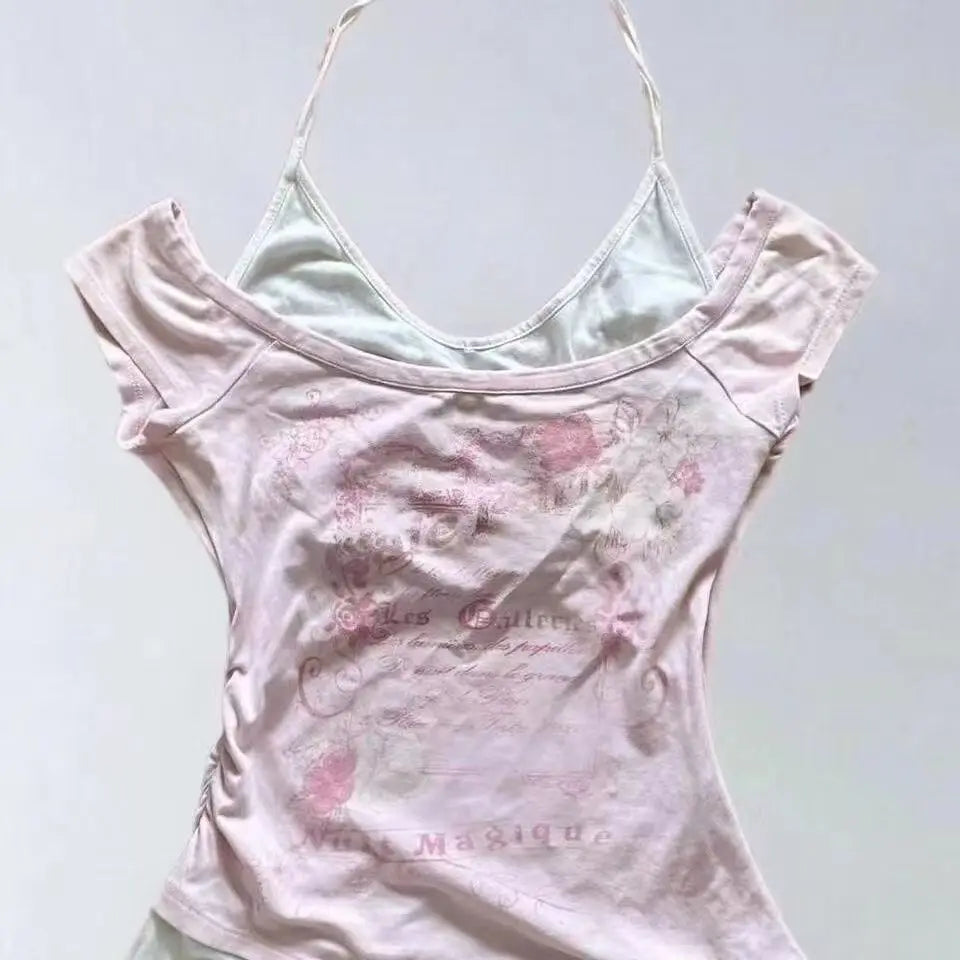 Vintage Retro Grunge Crop Top T-Shirt with Letter and Flower Print Y2K Summer Halter Streetwear Tee Harajuku Style