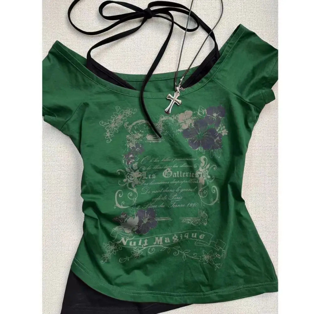 Vintage Retro Grunge Crop Top T-Shirt with Letter and Flower Print Y2K Summer Halter Streetwear Tee Harajuku Style