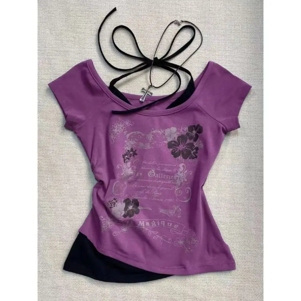 Vintage Retro Grunge Crop Top T-Shirt with Letter and Flower Print Y2K Summer Halter Streetwear Tee Harajuku Style