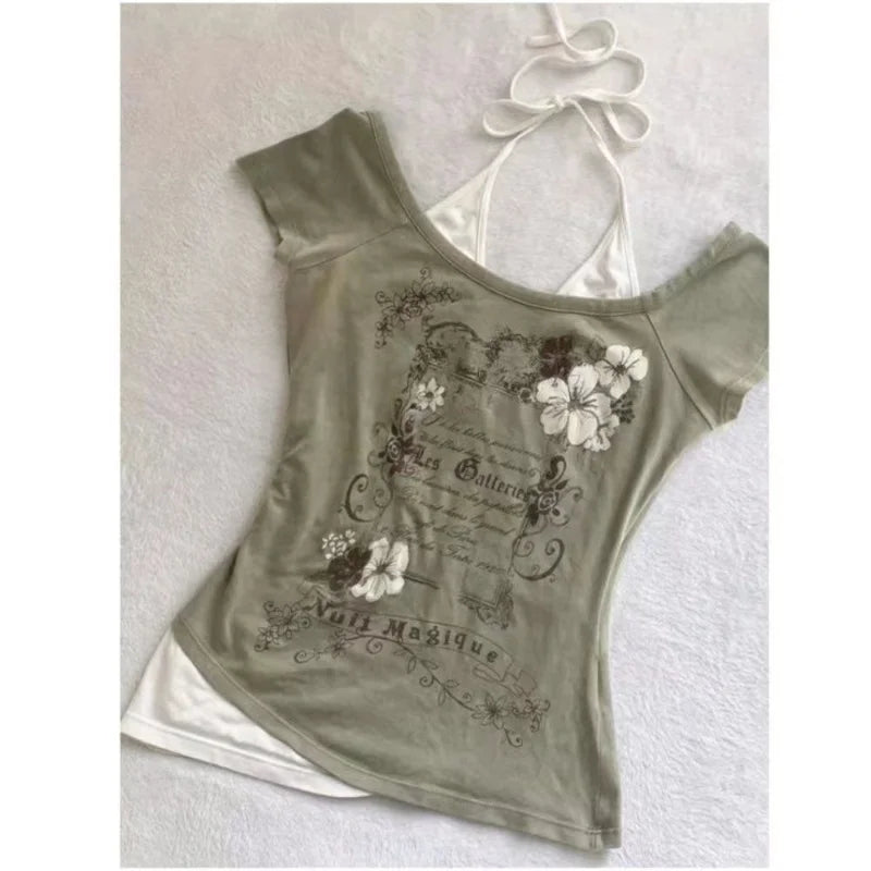 Vintage Retro Grunge Crop Top T-Shirt with Letter and Flower Print Y2K Summer Halter Streetwear Tee Harajuku Style