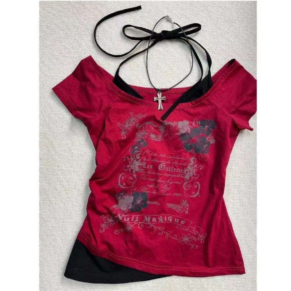 Vintage Retro Grunge Crop Top T-Shirt with Letter and Flower Print Y2K Summer Halter Streetwear Tee Harajuku Style