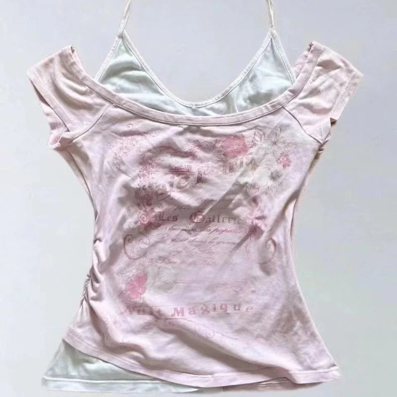 Vintage Retro Grunge Crop Top T-Shirt with Letter and Flower Print Y2K Summer Halter Streetwear Tee Harajuku Style