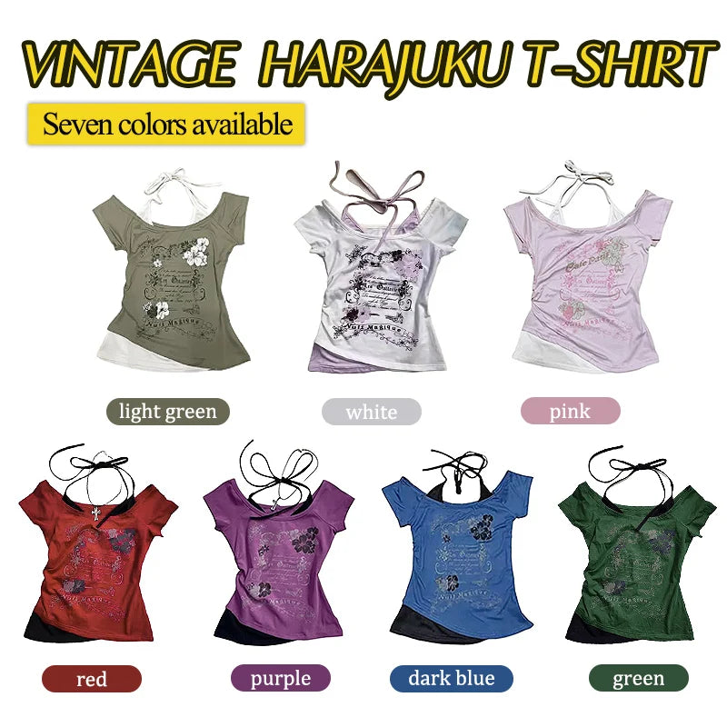 Vintage Retro Grunge Crop Top T-Shirt with Letter and Flower Print Y2K Summer Halter Streetwear Tee Harajuku Style