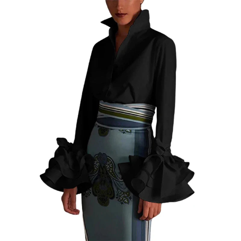 Women Elegant Flared Sleeve Bow Embellished Falbala Blouse Casual Office Lapel Shirt in Black and White