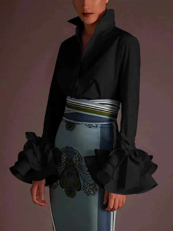 Women Elegant Flared Sleeve Bow Embellished Falbala Blouse Casual Office Lapel Shirt in Black and White