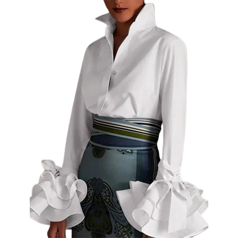 Women Elegant Flared Sleeve Bow Embellished Falbala Blouse Casual Office Lapel Shirt in Black and White