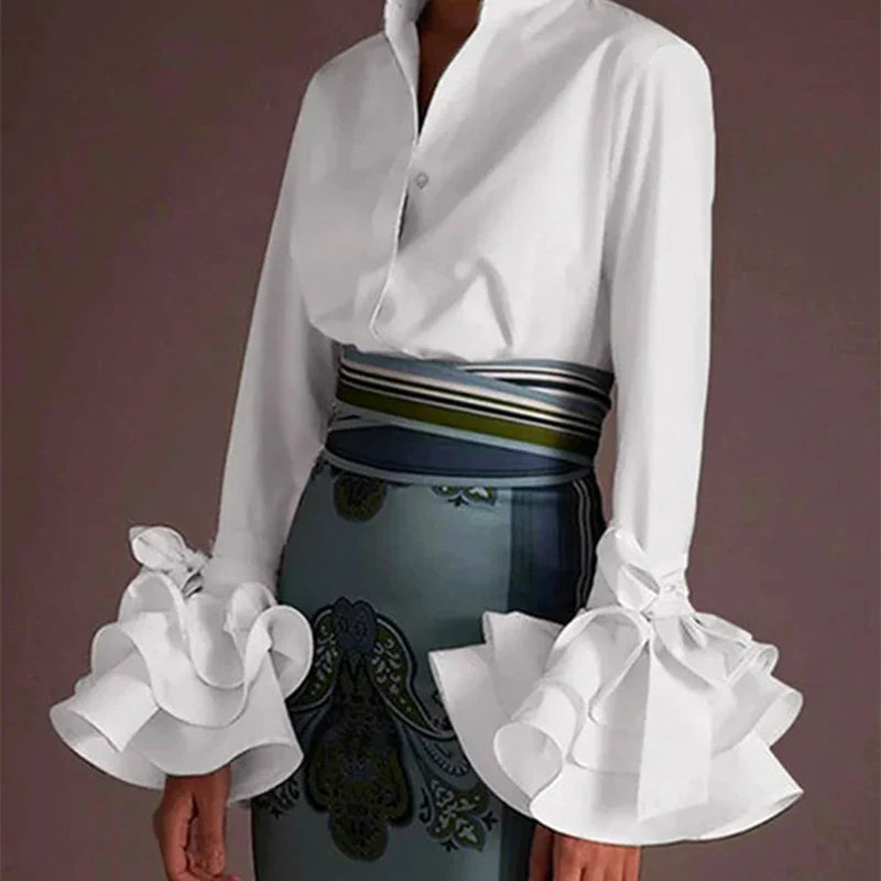 Women Elegant Flared Sleeve Bow Embellished Falbala Blouse Casual Office Lapel Shirt in Black and White