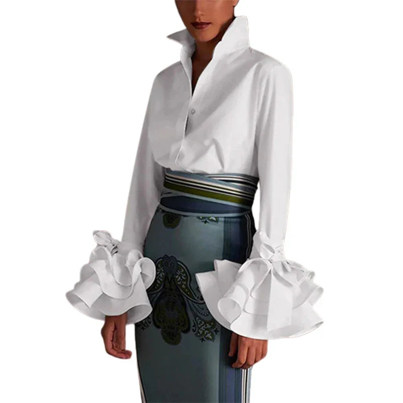 Women Elegant Flared Sleeve Bow Embellished Falbala Blouse Casual Office Lapel Shirt in Black and White