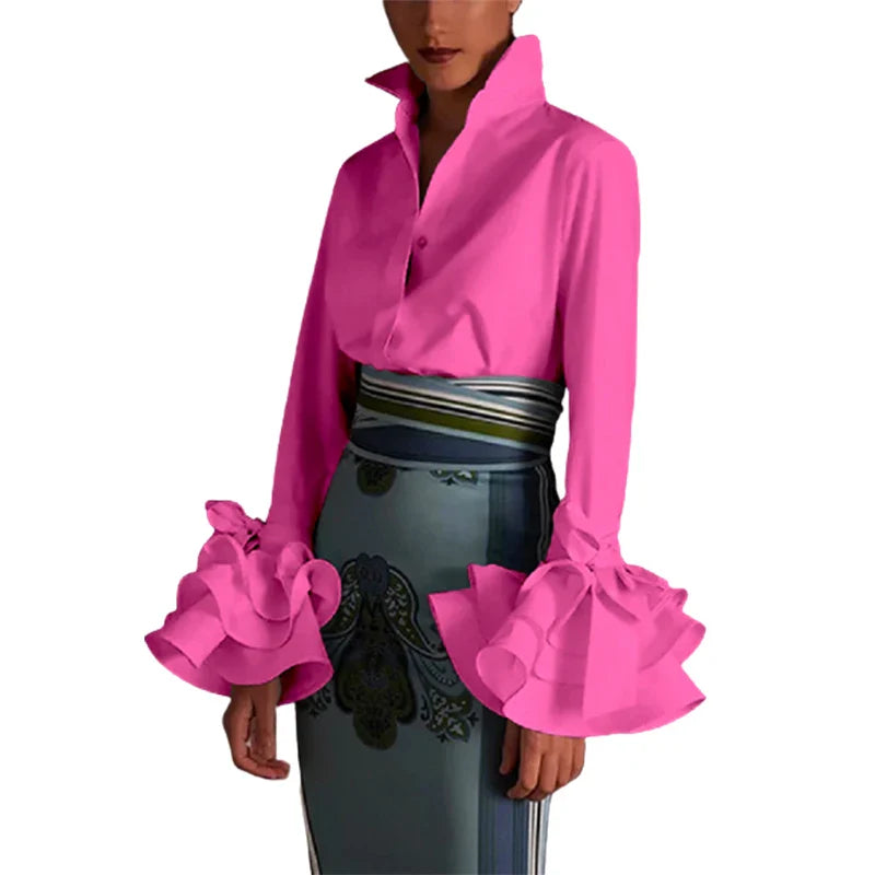 Women Elegant Flared Sleeve Bow Embellished Falbala Blouse Casual Office Lapel Shirt in Black and White