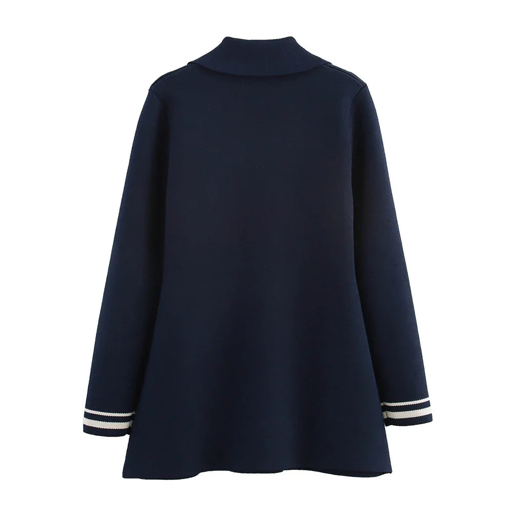 Women's Casual Striped Knitted Skirt Set with Double Breasted Suit Coat and Mini Skirt for Stylish Office and Leisure Wear