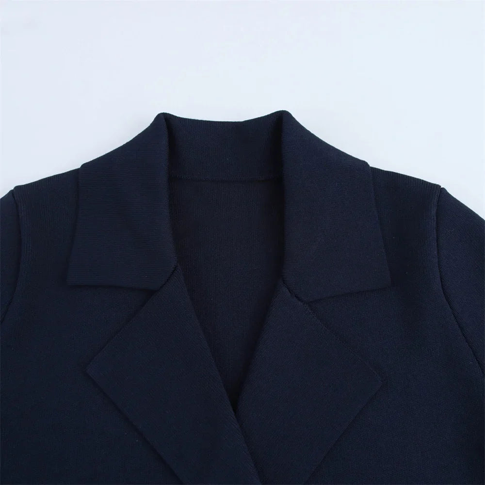 Women's Casual Striped Knitted Skirt Set with Double Breasted Suit Coat and Mini Skirt for Stylish Office and Leisure Wear