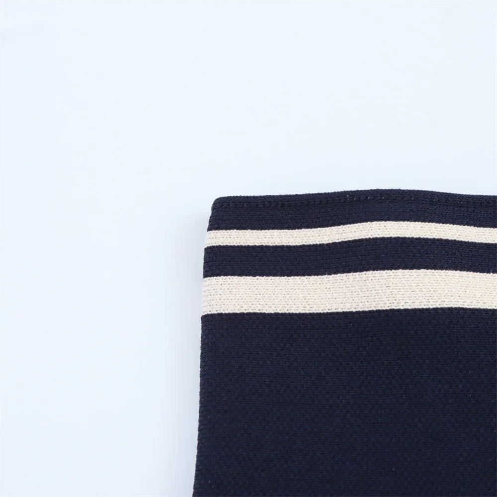 Women's Casual Striped Knitted Skirt Set with Double Breasted Suit Coat and Mini Skirt for Stylish Office and Leisure Wear