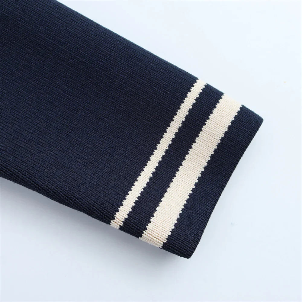 Women's Casual Striped Knitted Skirt Set with Double Breasted Suit Coat and Mini Skirt for Stylish Office and Leisure Wear