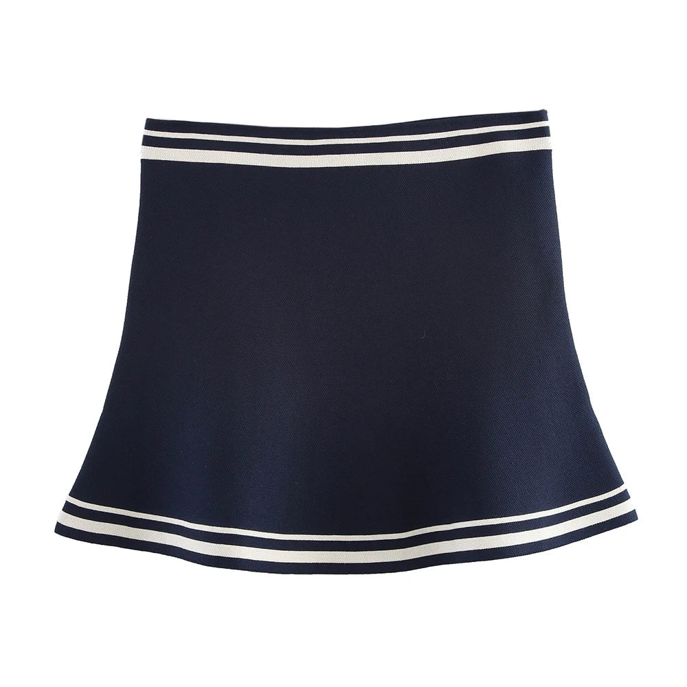 Women's Casual Striped Knitted Skirt Set with Double Breasted Suit Coat and Mini Skirt for Stylish Office and Leisure Wear