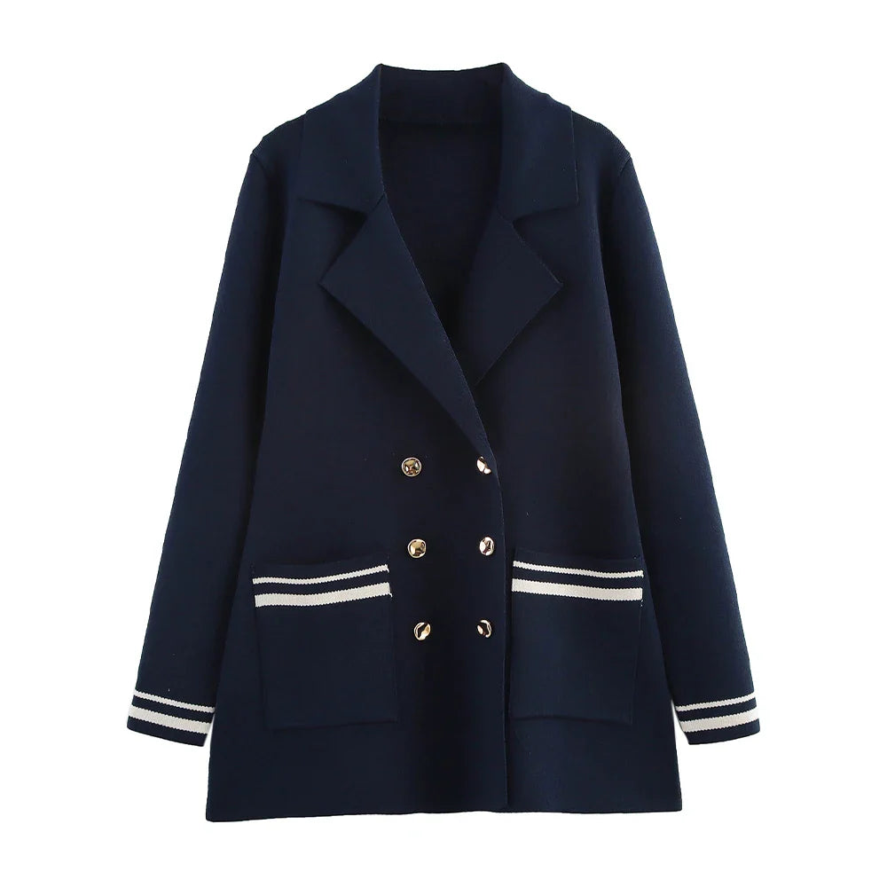 Women's Casual Striped Knitted Skirt Set with Double Breasted Suit Coat and Mini Skirt for Stylish Office and Leisure Wear