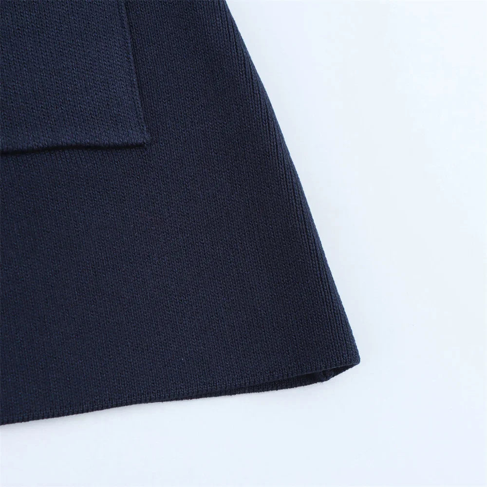 Women's Casual Striped Knitted Skirt Set with Double Breasted Suit Coat and Mini Skirt for Stylish Office and Leisure Wear