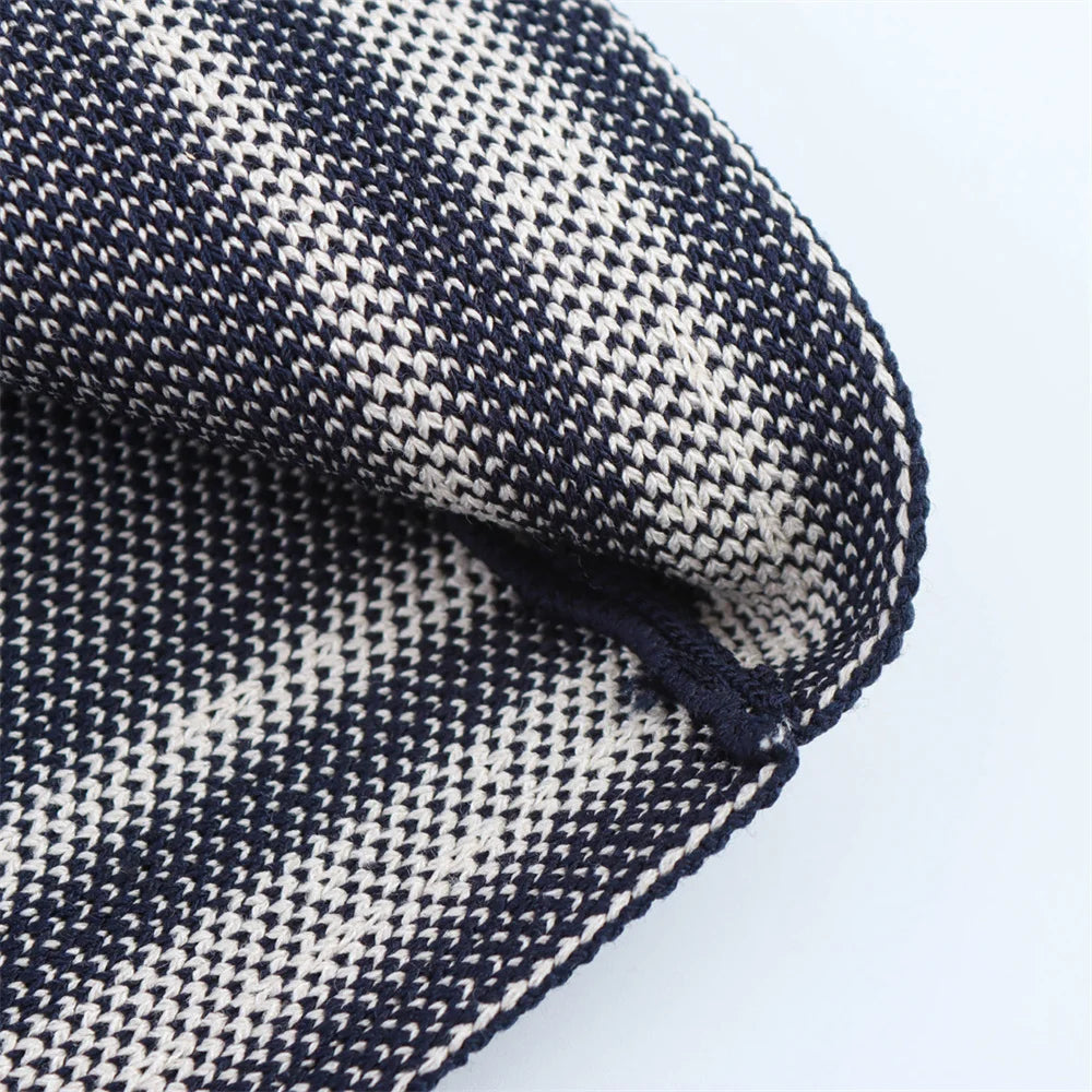 Women's Casual Striped Knitted Skirt Set with Double Breasted Suit Coat and Mini Skirt for Stylish Office and Leisure Wear