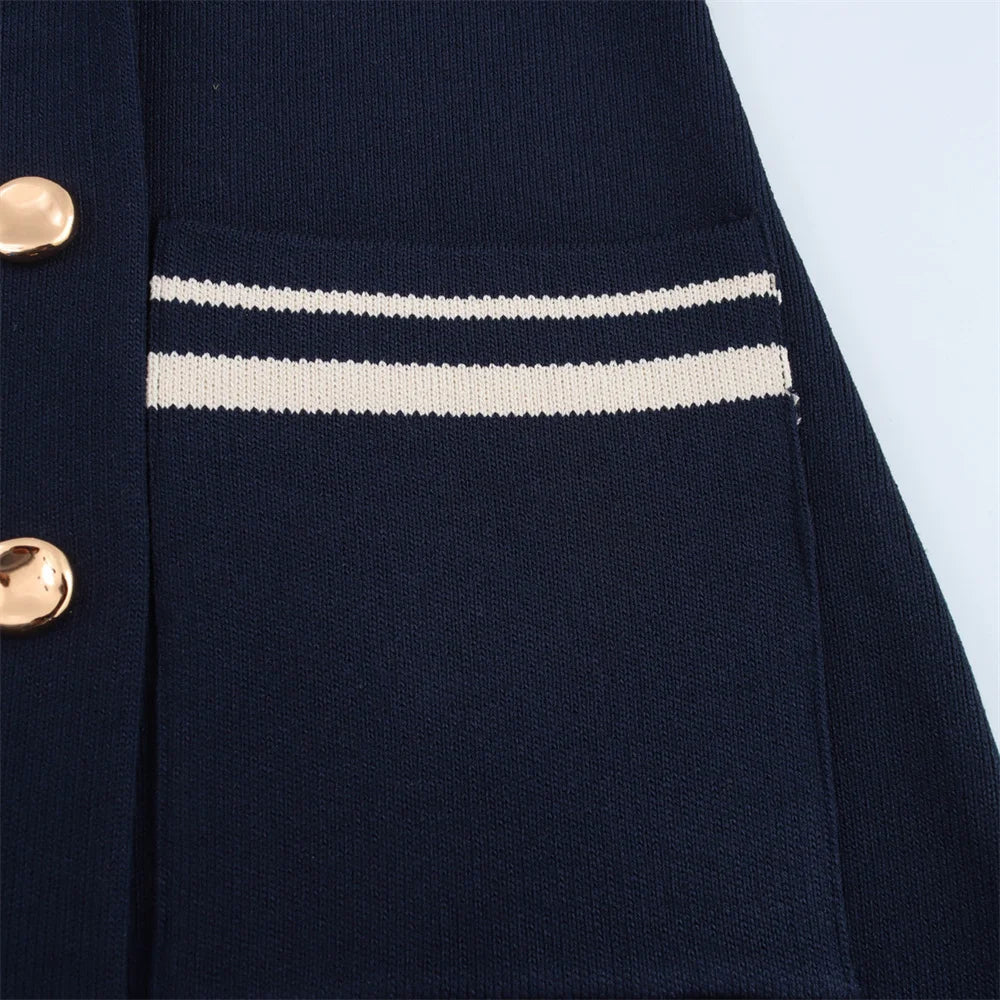 Women's Casual Striped Knitted Skirt Set with Double Breasted Suit Coat and Mini Skirt for Stylish Office and Leisure Wear