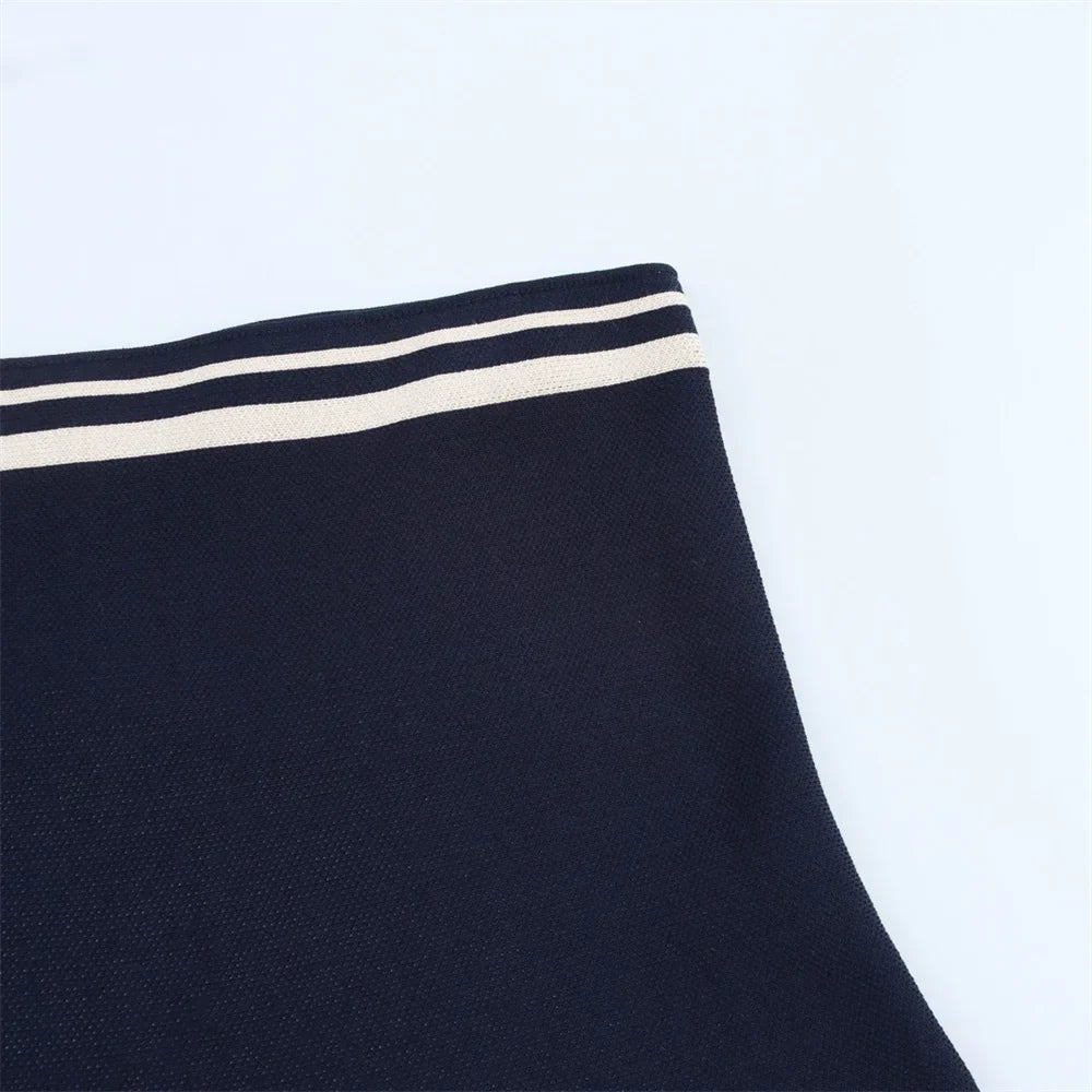 Women's Casual Striped Knitted Skirt Set with Double Breasted Suit Coat and Mini Skirt for Stylish Office and Leisure Wear