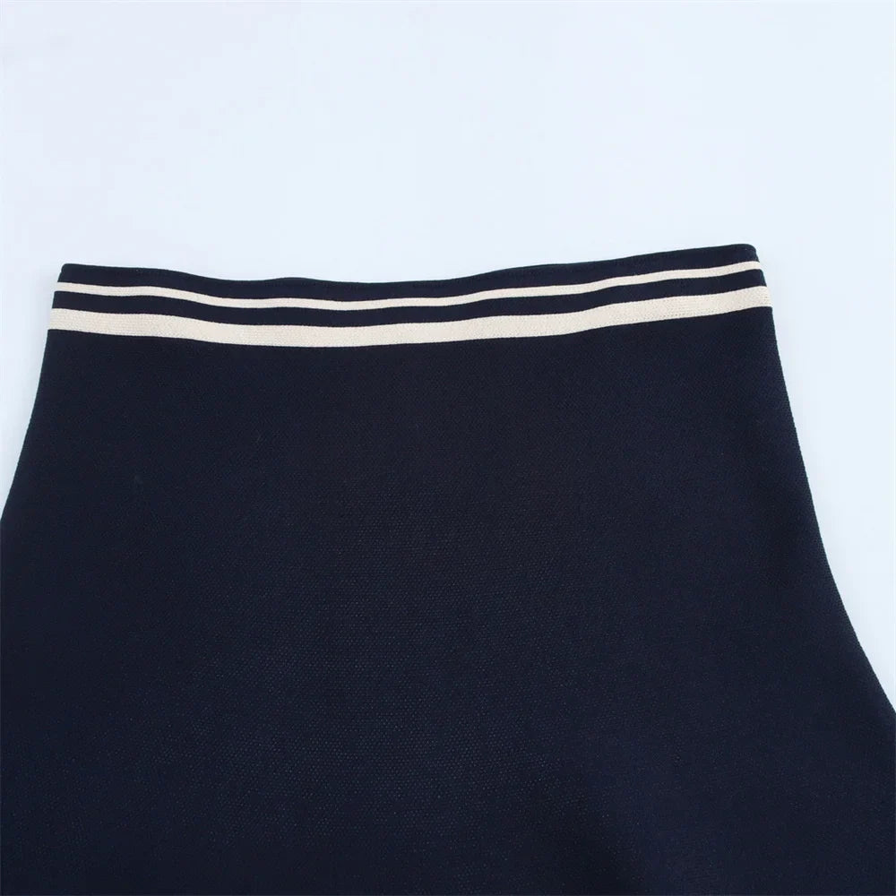 Women's Casual Striped Knitted Skirt Set with Double Breasted Suit Coat and Mini Skirt for Stylish Office and Leisure Wear