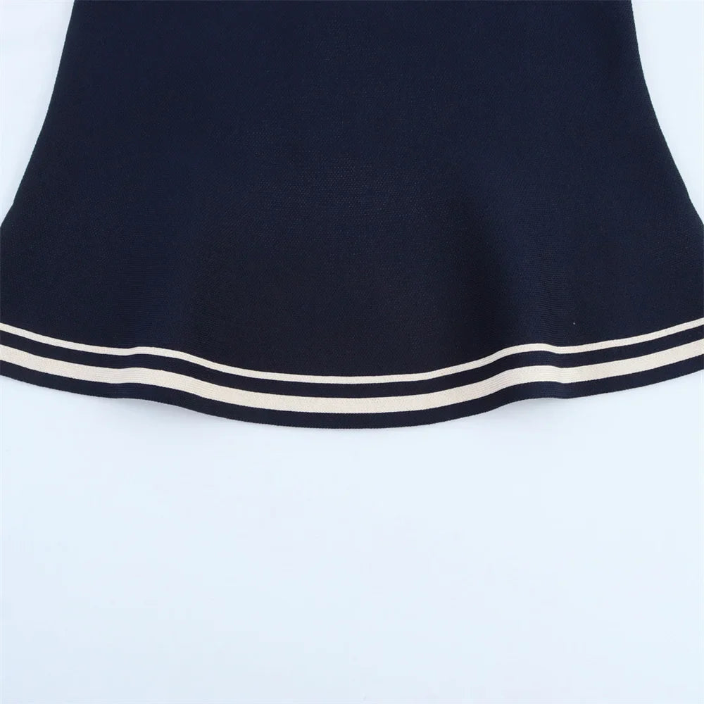 Women's Casual Striped Knitted Skirt Set with Double Breasted Suit Coat and Mini Skirt for Stylish Office and Leisure Wear