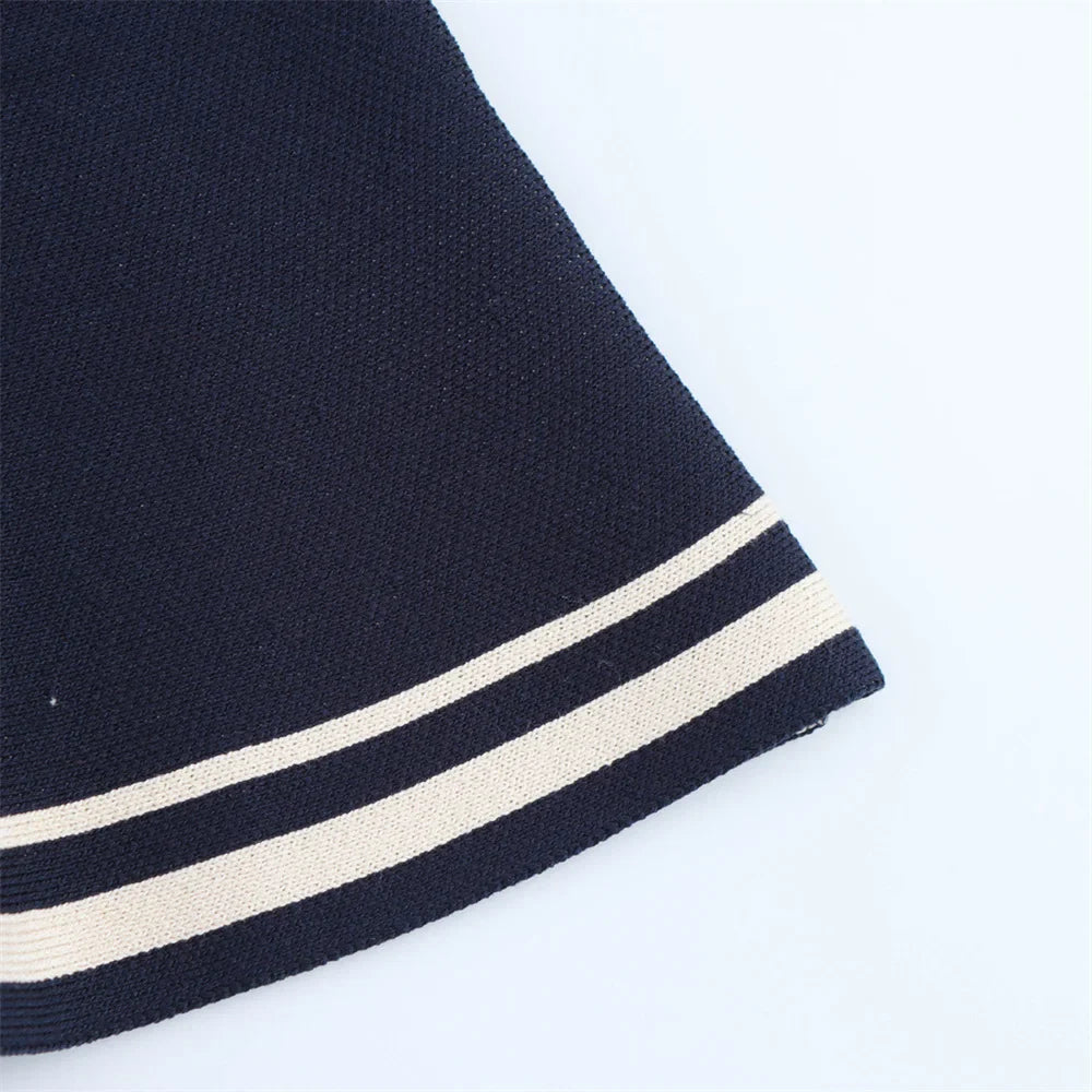 Women's Casual Striped Knitted Skirt Set with Double Breasted Suit Coat and Mini Skirt for Stylish Office and Leisure Wear