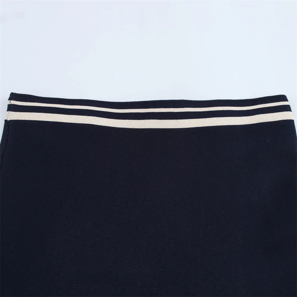 Women's Casual Striped Knitted Skirt Set with Double Breasted Suit Coat and Mini Skirt for Stylish Office and Leisure Wear