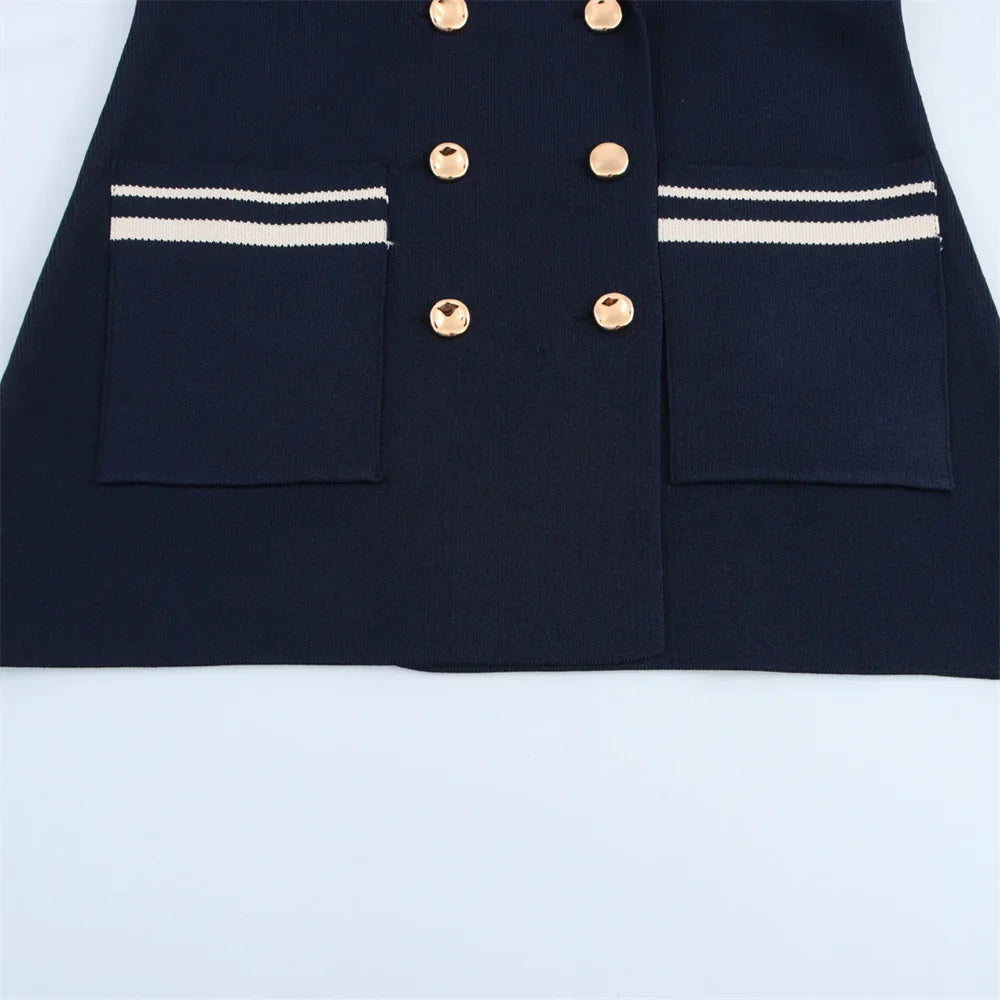 Women's Casual Striped Knitted Skirt Set with Double Breasted Suit Coat and Mini Skirt for Stylish Office and Leisure Wear