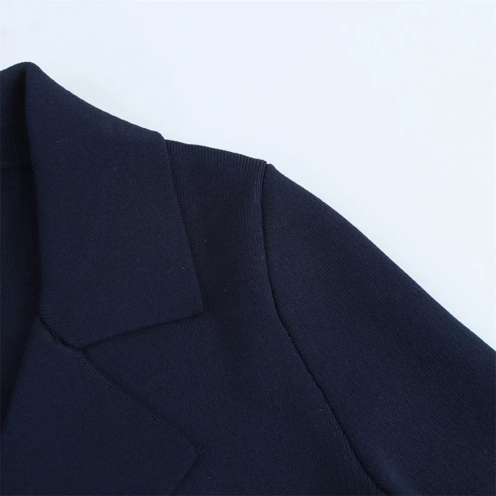 Women's Casual Striped Knitted Skirt Set with Double Breasted Suit Coat and Mini Skirt for Stylish Office and Leisure Wear