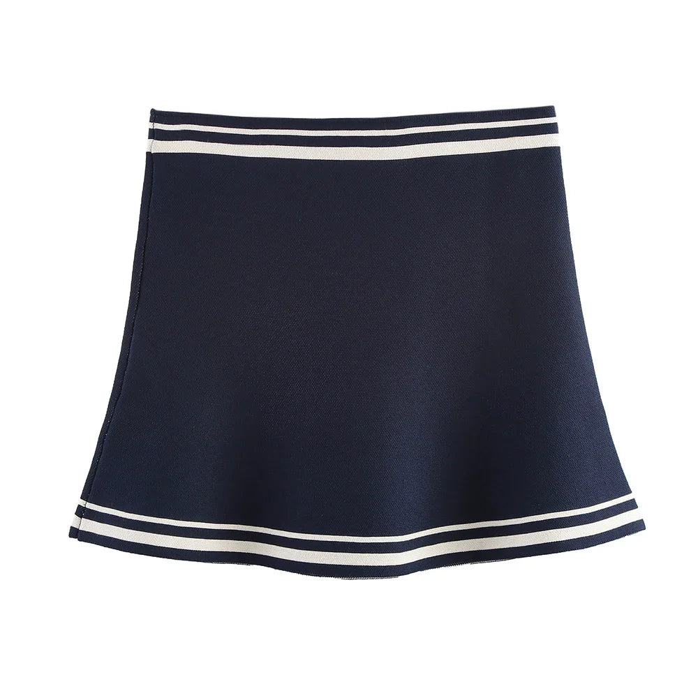 Women's Casual Striped Knitted Skirt Set with Double Breasted Suit Coat and Mini Skirt for Stylish Office and Leisure Wear