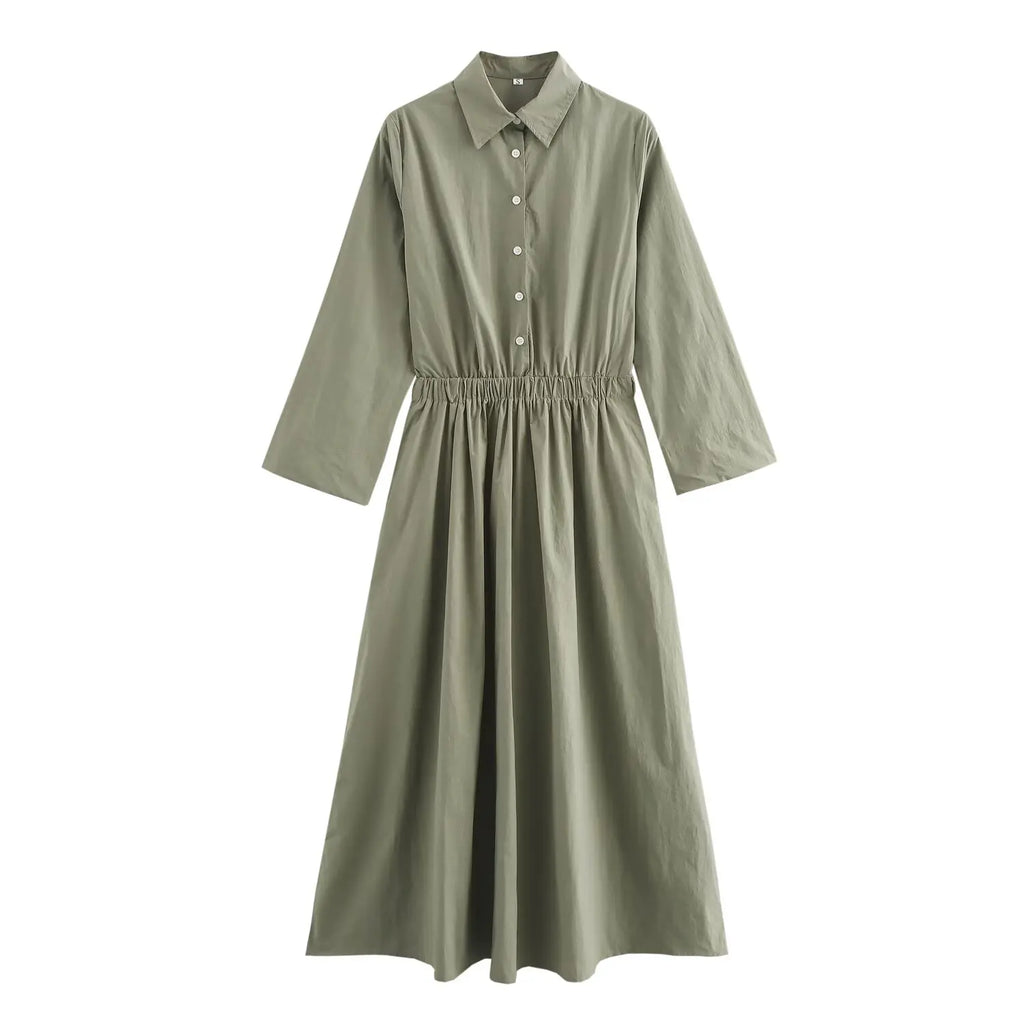 Elegant Solid Color Waist Midi Dress with Long Shirt Style and Side Pockets for Women