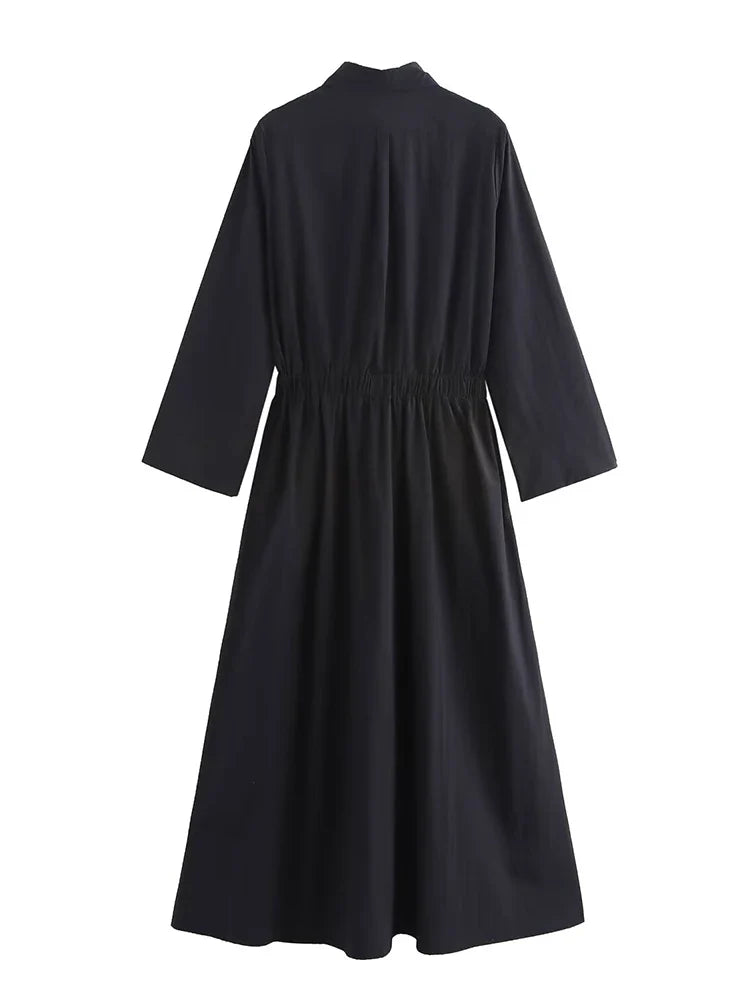 Elegant Solid Color Waist Midi Dress with Long Shirt Style and Side Pockets for Women
