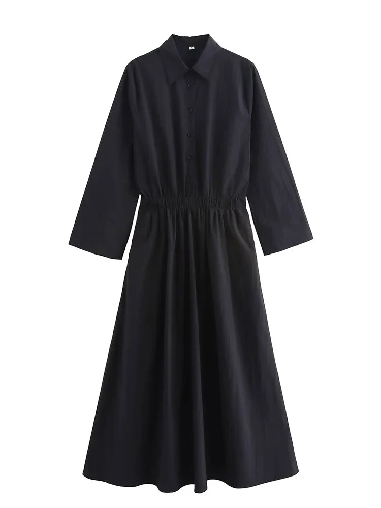 Elegant Solid Color Waist Midi Dress with Long Shirt Style and Side Pockets for Women