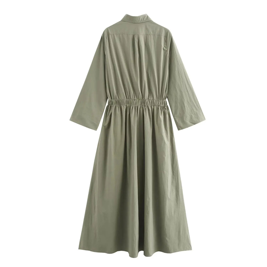 Elegant Solid Color Waist Midi Dress with Long Shirt Style and Side Pockets for Women